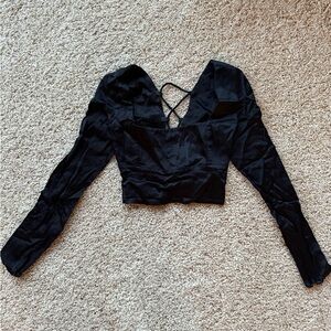 Zara tie back black cropped satin top